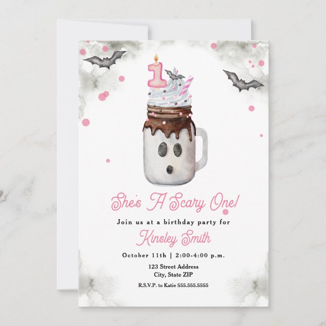 Invitation Peur Un 1Er Anniversaire Fantôme rose Milkshake (Devant)