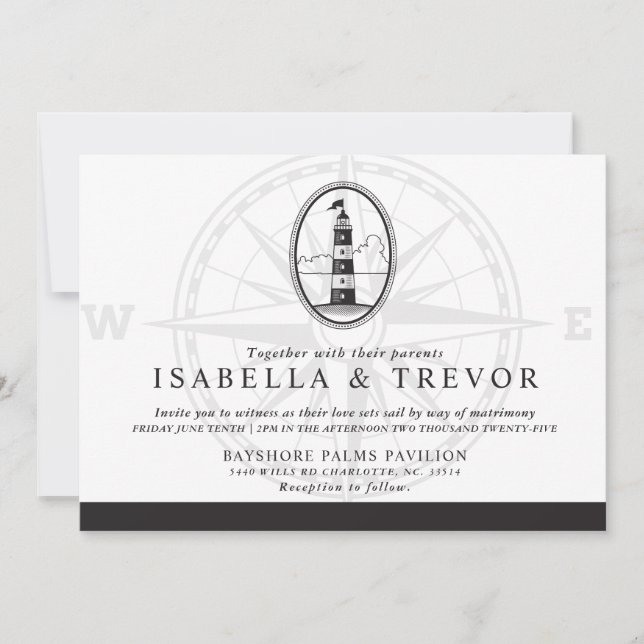 Invitation Phare de la plage noire et blanche | MARIAGE (Devant)