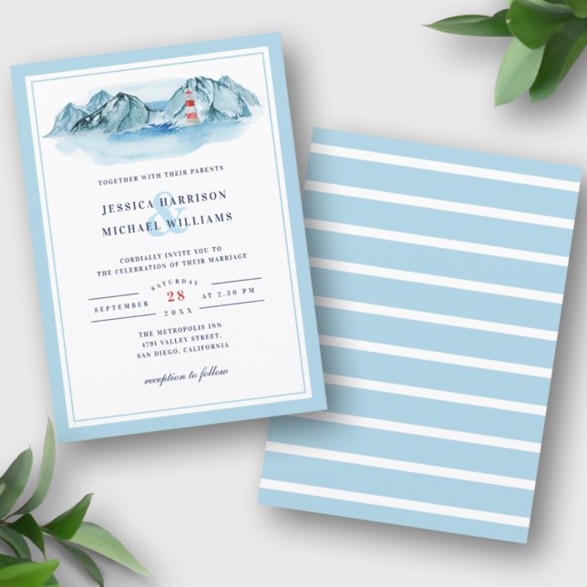 Invitation Phare de montagne océanique mariage aquarelle bleu (Créateur téléchargé)