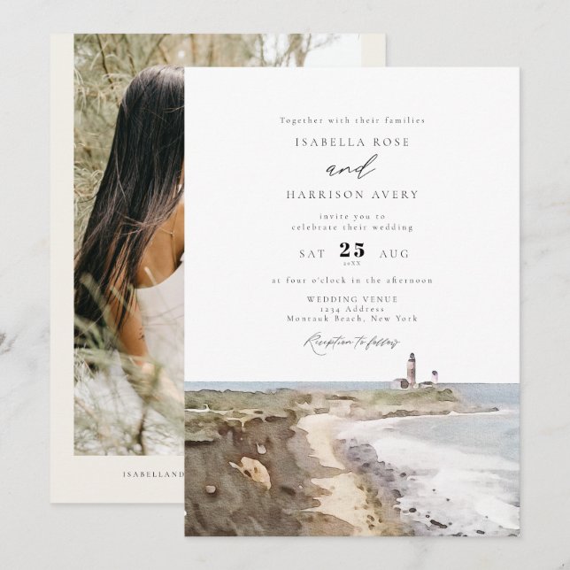 Invitation Phare de MONTAUK Mariage d'aquarelle de New York (Devant / Derrière)