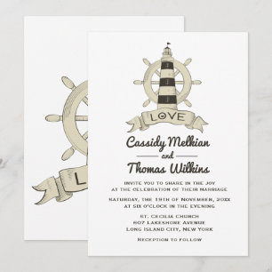 Invitation Phare Nautical Ship Wheel Tan Mariage