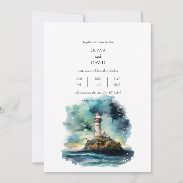 Invitation Phare Nautique Starry Moon Night Sky Mariage (Devant)