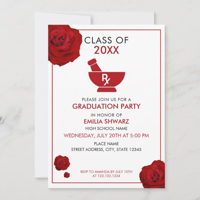 Invitation Pharmacien moderne White & Red Rose (Devant)