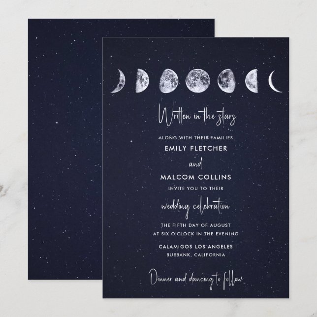 Invitation Phases de la Lune céleste écrites dans le Mariage  (Devant / Derrière)