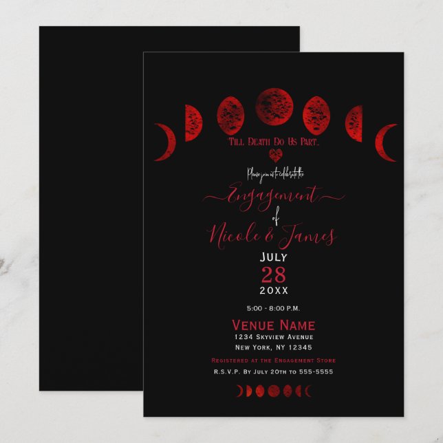 Invitation Phases de la Lune noire rouge foncé Partie d'engag (Devant / Derrière)