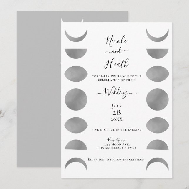 Invitation Phases de lune Cycles gris argent et Mariage blanc (Devant / Derrière)