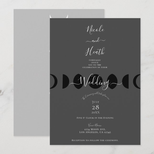 Invitation Phases de lune Cycles Gris noir et Mariage blanc (Devant / Derrière)