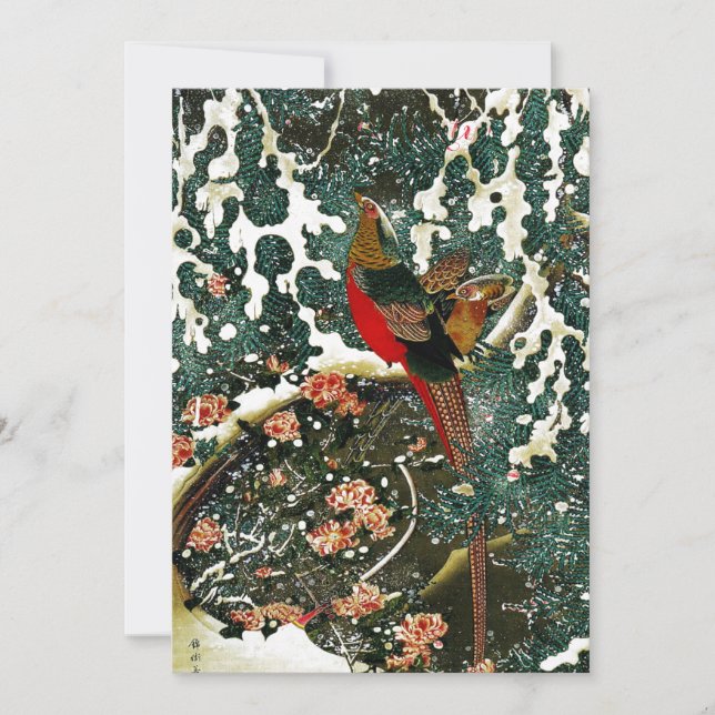 Invitation Pheasants à Snow, Pine Tree, Roses, Japanese Flora (Devant)