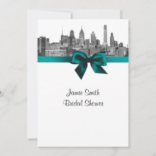 Invitation Philadelphia Skyline Etch BW Turquoise V Fête des 