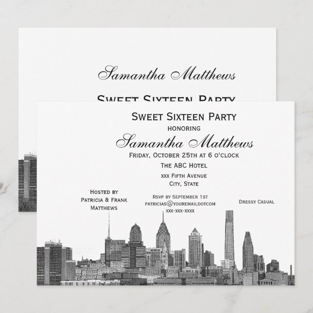 Invitation Philadelphie Black Etched Look Skyline Sweet 16 (Devant / Derrière)