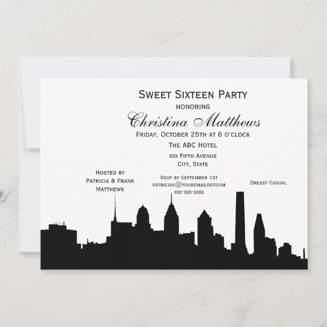 Invitation Philadelphie Black Skyline Silhouette Sweet 16 (Devant)