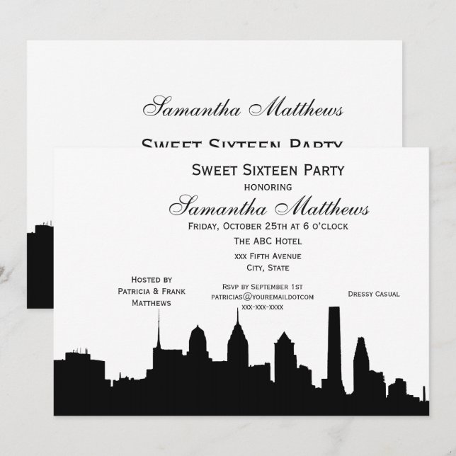 Invitation Philadelphie Black Skyline Silhouette Sweet 16 (Devant / Derrière)