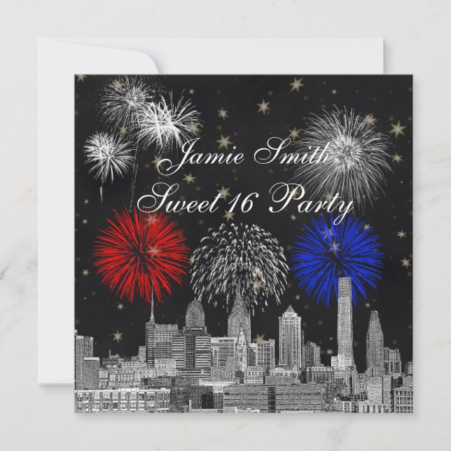 Invitation Philadelphie Skyline Black Gold Star Sweet 16 FW (Devant)