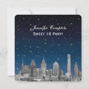 Invitation Philadelphie Skyline Etch Blue Starry Sweet 16 H