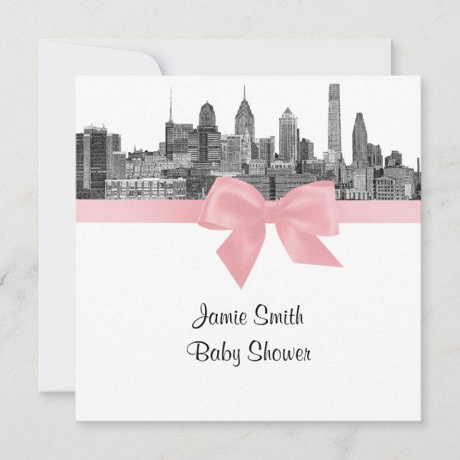 Invitation Philadelphie Skyline Etch BW Baby shower rose (Devant)
