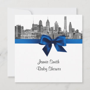 Invitation Philadelphie Skyline Etch BW Royal Blu Baby shower