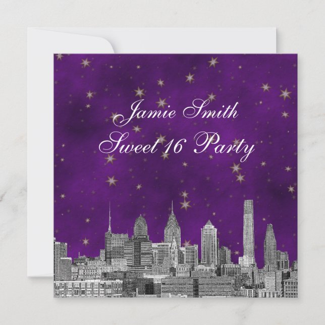 Invitation Philadelphie Skyline Purple Gold Star Sweet 16 (Devant)