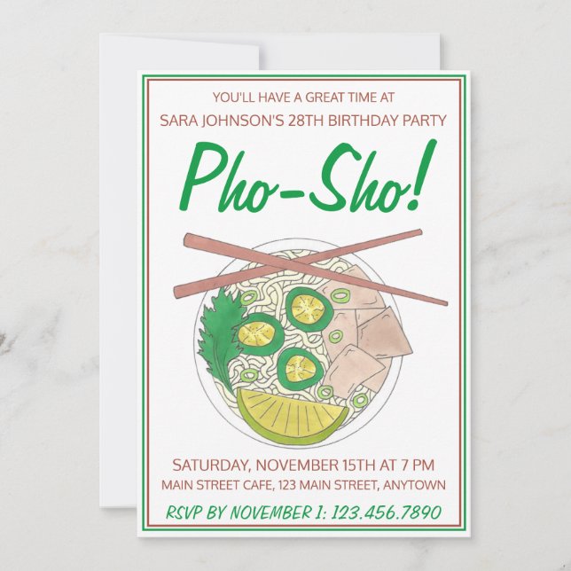 Invitation Pho Sho ! Soupe vietnamienne Amusante fête d'anniv (Devant)