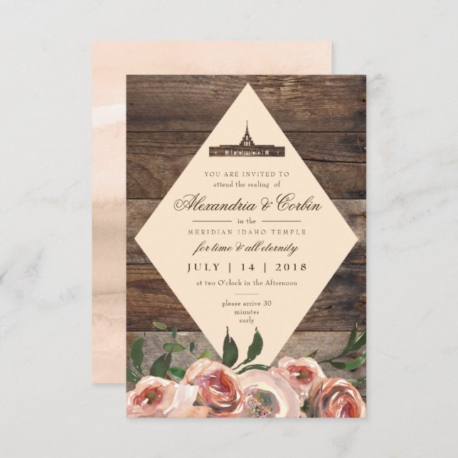 Invitation Phoenix Arizona Temple Sealing Card | Bois rustiqu (Devant / Derrière)