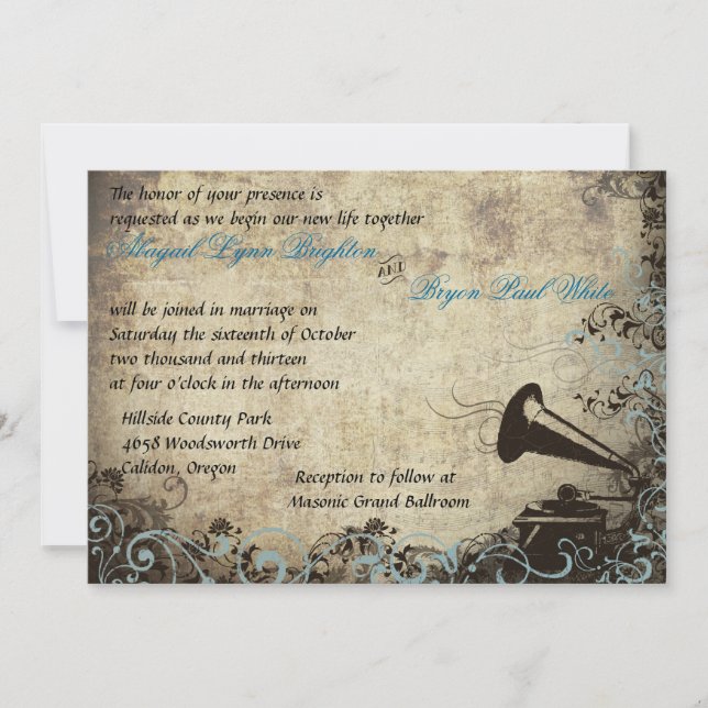 Invitation Phonographe vintage bleu clair (Devant)
