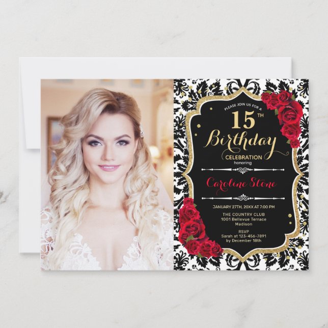 Invitation Photo 15e anniversaire fête Rouge Or noir Damas (Devant)