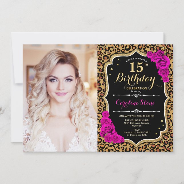 Invitation Photo 15th Birthday Party Pink Gold Empreinte de l (Devant)