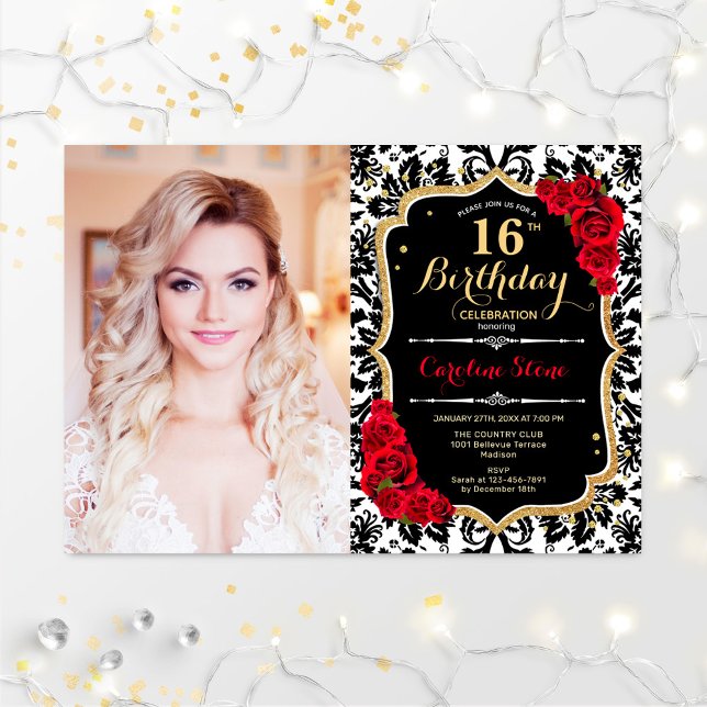 Invitation Photo 16e fête d'anniversaire Red Gold Black Damas (Créateur téléchargé)