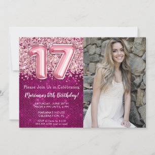 Invitation Photo 17e Anniversaire Fille Magenta Rose