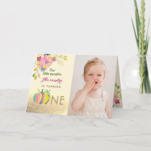 Invitation Photo 1er anniversaire Citrouille chute rose et or