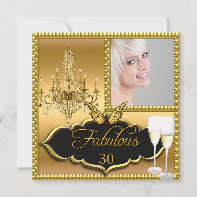 Invitation Photo 30th Birthday Party Elegant Gold Butterfly (Devant)