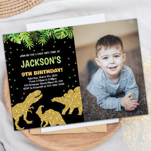 Invitation Photo 3 Dino Parties scintillant noire Dinosaur An