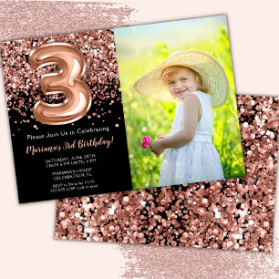 Invitation Photo 3e Parties scintillant d'or Rose noir Annive