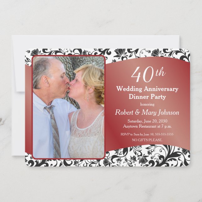 Invitation Photo 40e anniversaire de mariage Black Swirl & Ru (Devant)