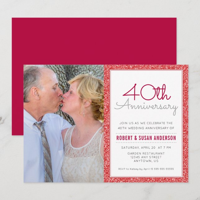 Invitation Photo 40e Anniversaire de Mariage Faux Paillettes  (Devant / Derrière)