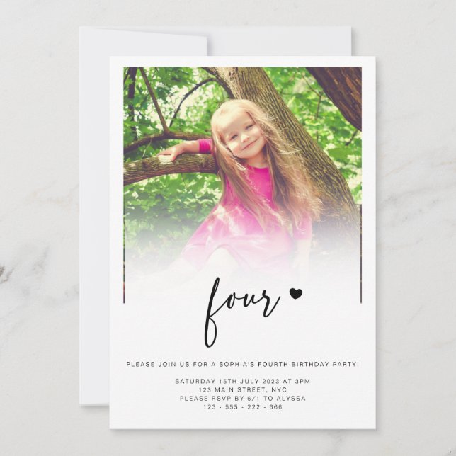 Invitation Photo 4Anniversaire Four Heart Cute Lovely (Devant)