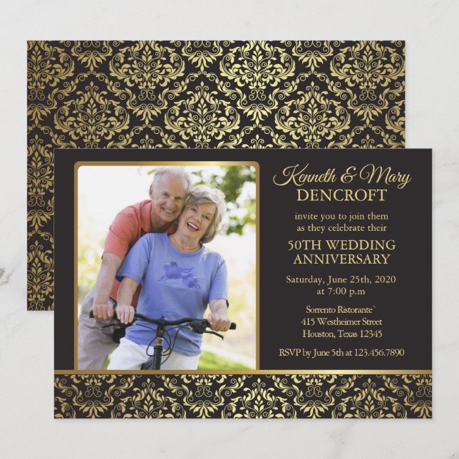 Invitation Photo 50 ans de mariage en Damas doré (Devant / Derrière)