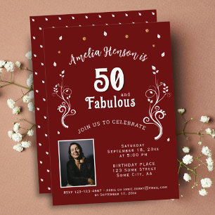 Invitation Photo 50 ans et feuillage fabuleux Rouge 50e Anniv