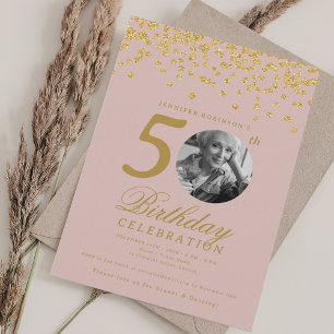 Invitation Photo 50e anniversaire Gold Confetti Blush Pink