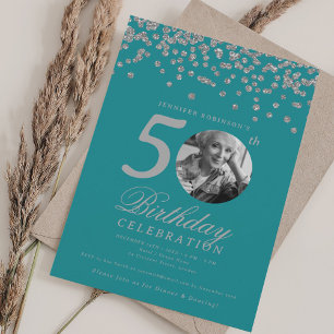 Invitation Photo 50e anniversaire Silver Confetti Turquoise