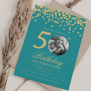 Invitation Photo 50th Birthday Gold Confetti Turquoise