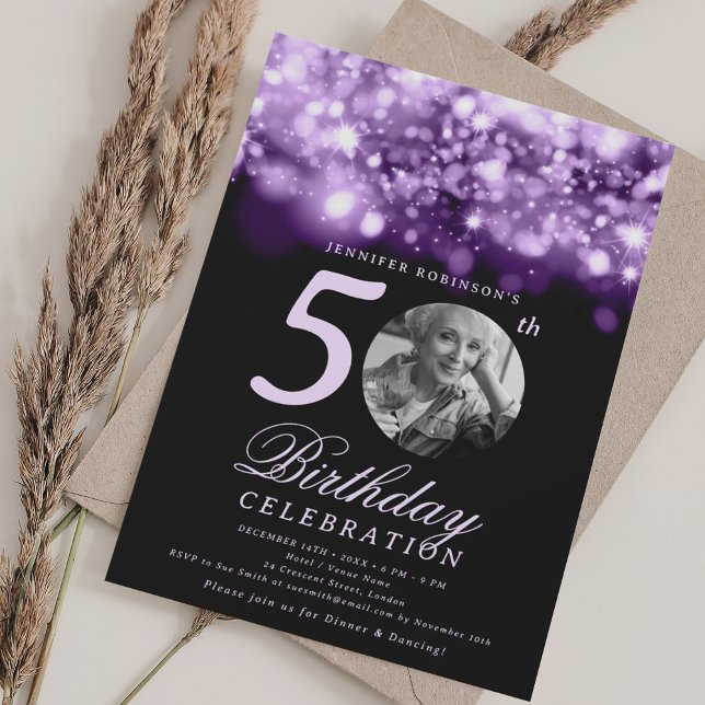 Invitation Photo 50th Birthday Purple Midnight Glam  (Photo 50th Birthday Purple Midnight Glam Invitation)