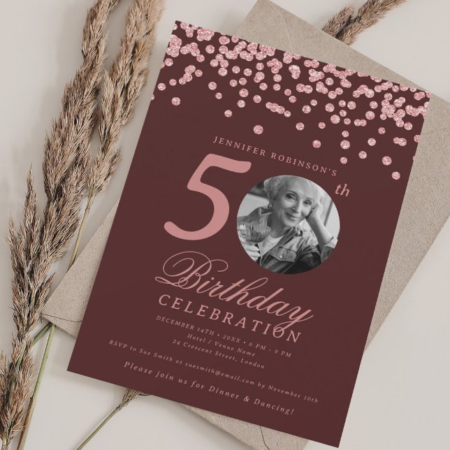 Invitation Photo 50th Birthday Rose Gold Confetti Burgundy  (Photo 50th Birthday Rose Gold Confetti Burgundy Invitation)
