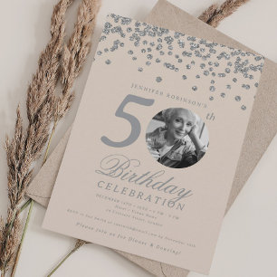 Invitation Photo 50th Birthday Silver Confetti Champagne