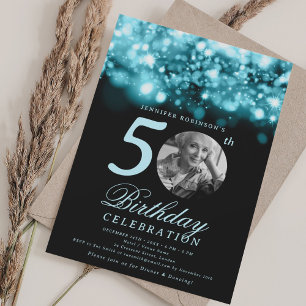 Invitation Photo 50th Birthday Turquoise Midnight Glam