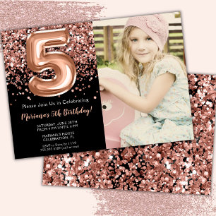Invitation Photo 5e Anniversaire Rose Noir Paillettes Dorées