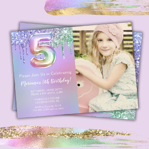 Invitation Photo 5ème Anniversaire Fête Rose Violet Paillette