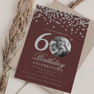Invitation Photo 60e anniversaire Argent Confetti Bourgogne