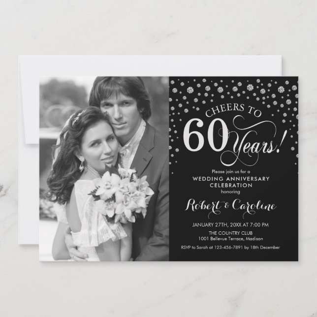 Invitation Photo 60e anniversaire de mariage - Argent Noir (Devant)