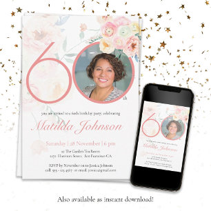 Invitation Photo 60e anniversaire Pink Floral Aquarelle perso