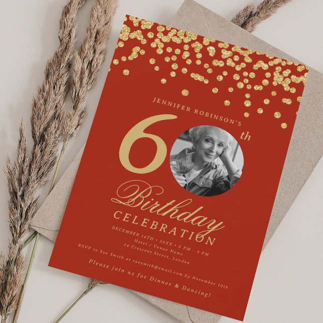 Invitation Photo 60th Birthday Gold Parties scintillant Confe (Photo 60th Birthday Gold Glitter Confetti Red Invitation)